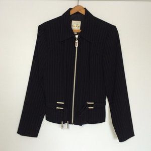 Vintage Joseph Ribkoff Womens Striped Jacket Sz 10 Navy Blue Belted Zip Closure